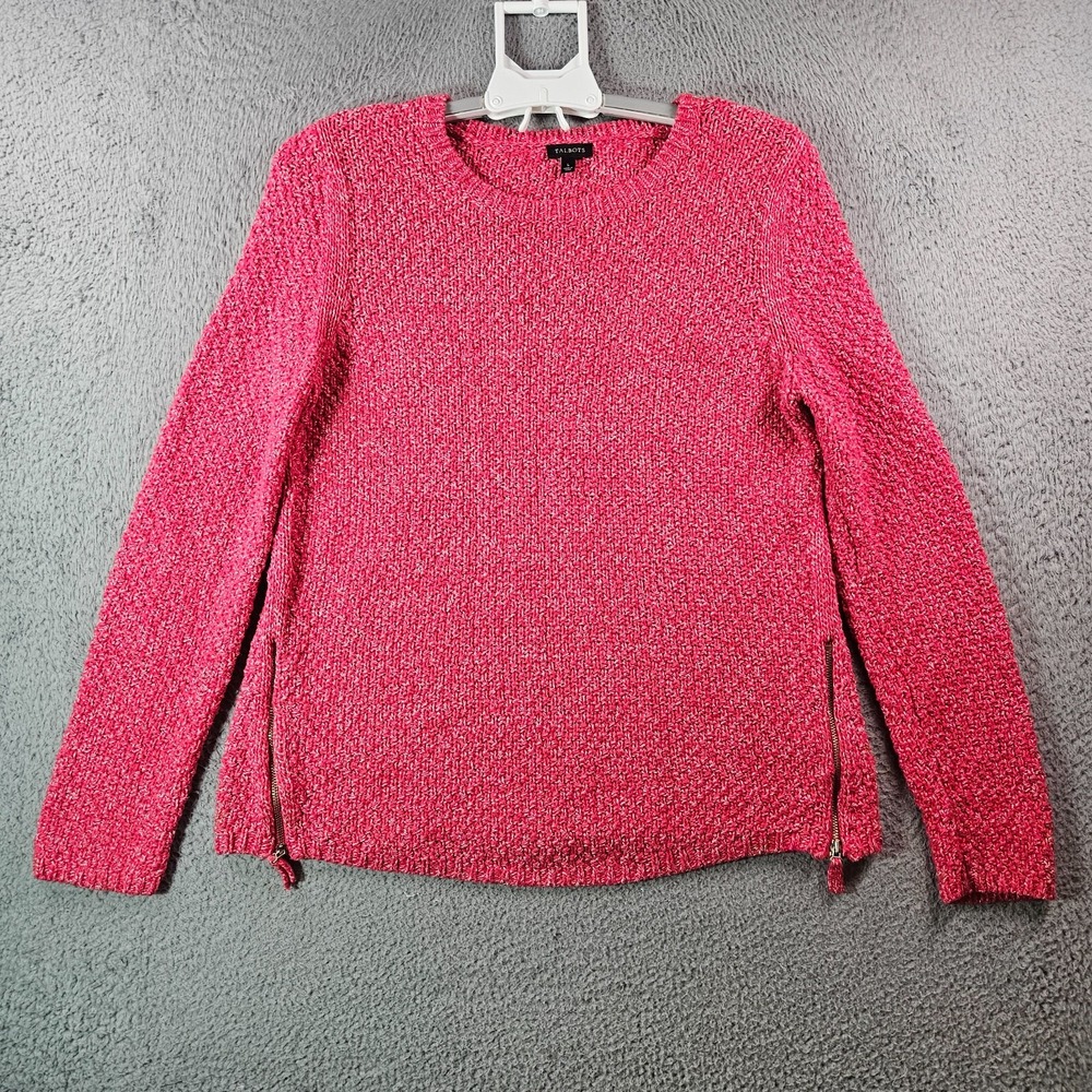 Talbots Sweater Women Large Knit Cotton Crew Neck White‎ Pink-Red